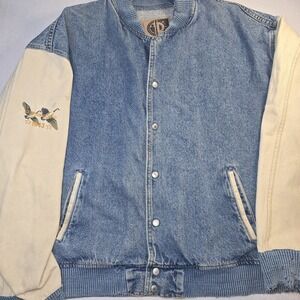 Vtg 90s International Denim Varsity Jacket XL Thrashed Distressed‎ Eagle USA